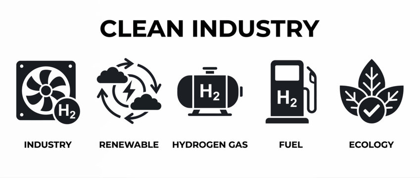 Hydrogen energy industry icons. Clean fuel technology symbols for sustainable power solutions.