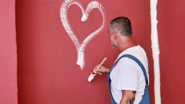 Tattooed painter drawing white heart on red wall