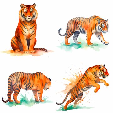 Four watercolorstyle tigers depicted in various poses including sitting walking standing and leaping