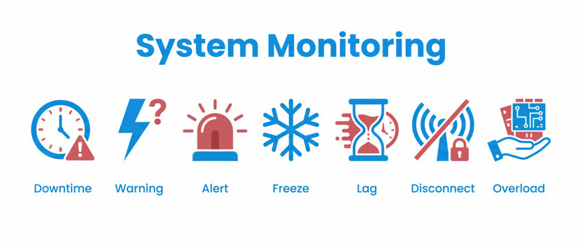 System monitoring icons set. Technical status indicators for network performance and errors.