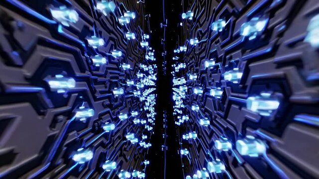 Futuristic digital corridor with glowing blue particles flowing through a circuit board design, creating a dynamic visual experience in a high-tech environment