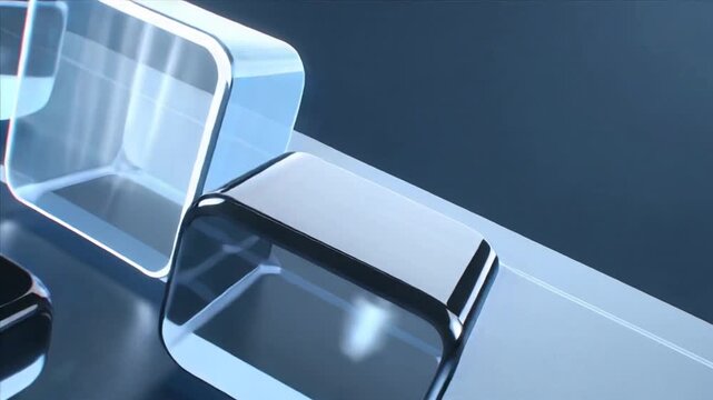 Sliding hollow glass blocks rotating on metal blue floor, aligning on lit strip as camera panning