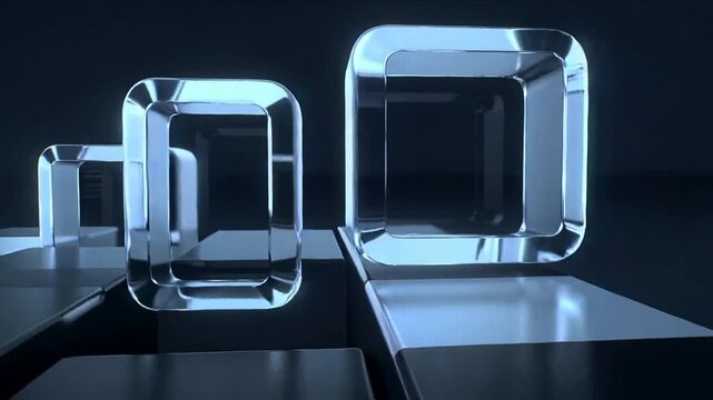 Sliding glass blocks across black tiled grid, camera tracking causing cool rim light showing facets