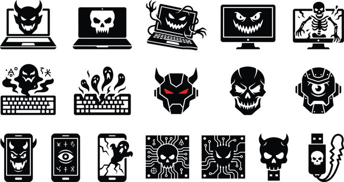 Set of cyber horror computer and technology icons with devilish skulls and evil viruses.