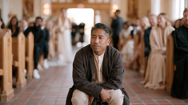 Filipino wedding videographer crouches at the end of the aisle with a compact rig capturing the processional, determined focus on his face, ceremony interior glowing warmly behind