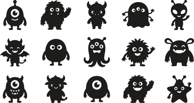 Cute monster and alien character set vector silhouette icons of funny creatures for kids.