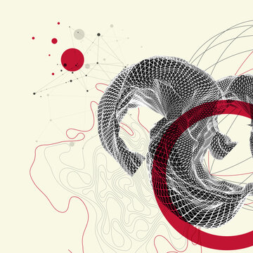 Abstract art composition with wireframe waves, geometric shapes, dots, and lines. Vector
