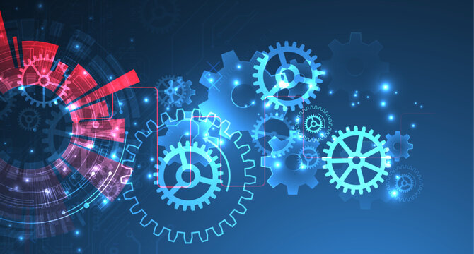 Abstract scientific background with mechanical gears cogs and glowing geometric circles