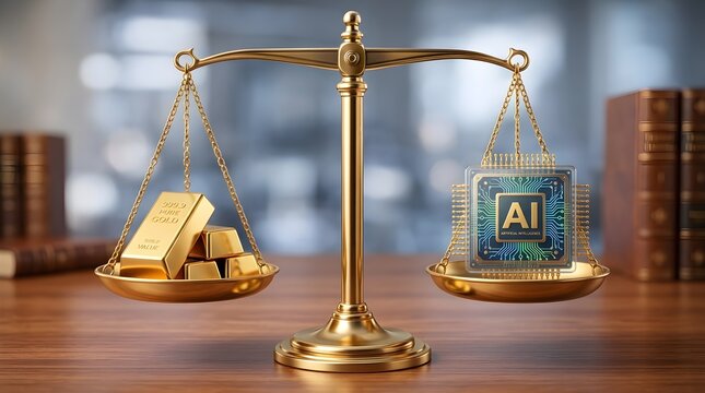 Golden scale balancing gold bars and chip representing value and innovation
