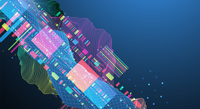 Abstract digital data visualization with colorful neon waveforms, wireframe grids, and geometric glitch elements on a dark blue background.