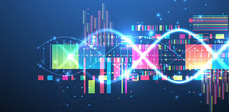 Futuristic digital DNA background with neon molecule structure. Vector