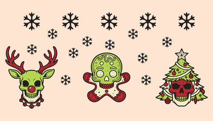 Christmas skull icons with reindeer and tree. Festive holiday vector set for seasonal designs. © brudaler46