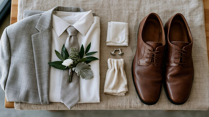 Minimalist studio shot of a groom's flat lay detail: folded suit jacket, silk tie, boutonniere, cufflinks, and polished leather shoes arranged symmetrically on neutral linen from