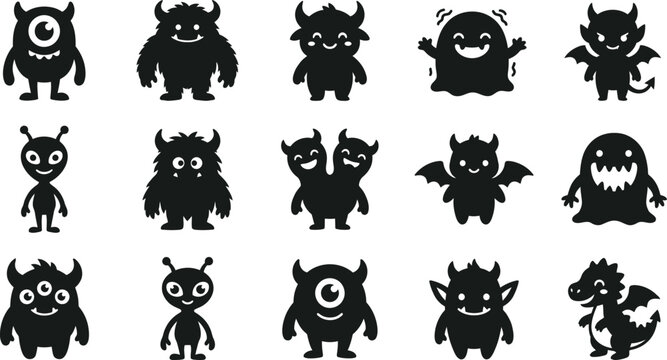 Set of black silhouettes of funny monsters, cute aliens, and spooky creatures.