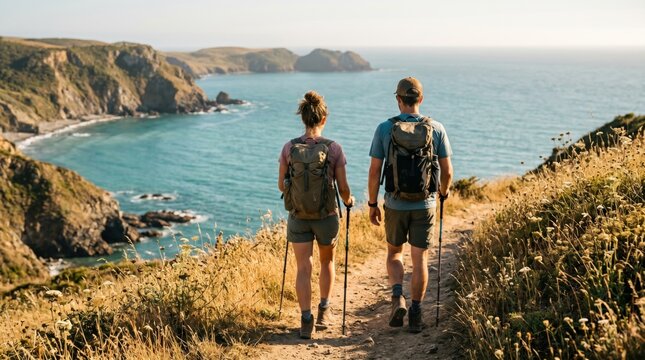 Couple hiking on coastal cliff path overlooking ocean bay, outdoor adventure travel lifestyle, backpackers trekking nature scenery, summer vacation active holiday concept