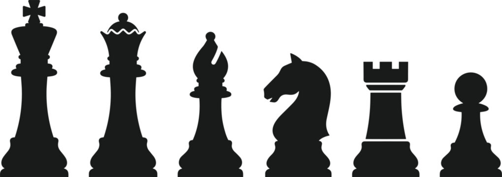 Chess pieces black silhouettes set featuring king queen bishop knight rook and pawn symbols for strategic games vector illustration isolated on white background
