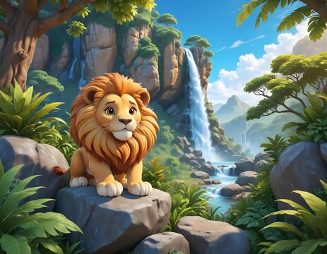Un mignon lion de dessin anim&eacute; &agrave; la crini&egrave;re dor&eacute;e se tient dans un paysage de jungle avec un ciel bleu, des nuages ​​et des cascades en arri&egrave;re-plan, dans un style cartoon 3D
