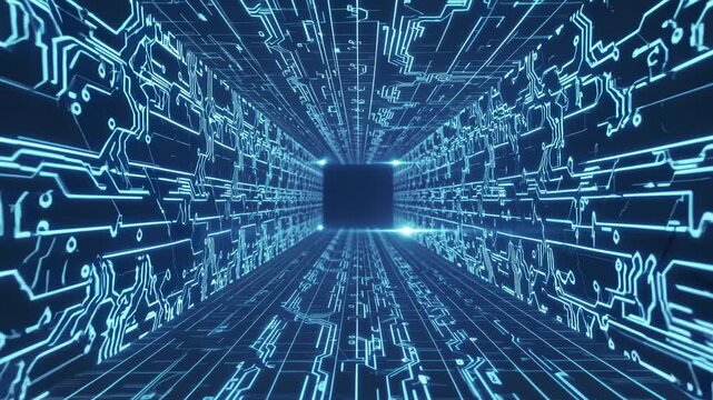 Futuristic digital tunnel with glowing blue circuit patterns leading to a central void, showcasing a continuous flow of technology and innovation in a virtual space