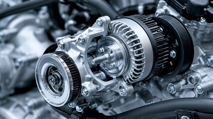 Fototapeta premium Medium shot focusing on integrated startgenerator mounts in a hybridcompatible gasoline engine showcasing electrical component integration and advanced engineering.