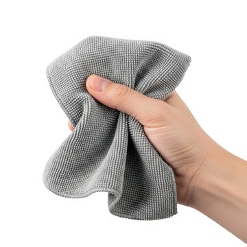 Hand holding a grey microfiber cleaning cloth for dusting and polishing isolated on transparent background