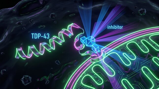 3D Medical Illustration of TDP-43 Protein Binding with a Molecular Inhibitor on a Cell Membrane