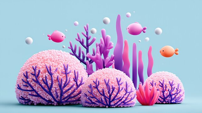 Vibrant Underwater World With Cute Cartoon Fish And Colorful Coral Reefs In 3D Rendered Ocean Scene
