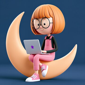 Remote Learning And Digital Education With 3D Cartoon Character Working On Laptop On Moon, Online Study And Creative Technology