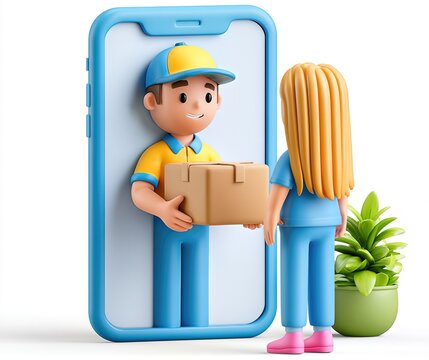 Online Delivery Service With 3D Rendered Courier Emerging From Smartphone Screen Handing Package To Customer