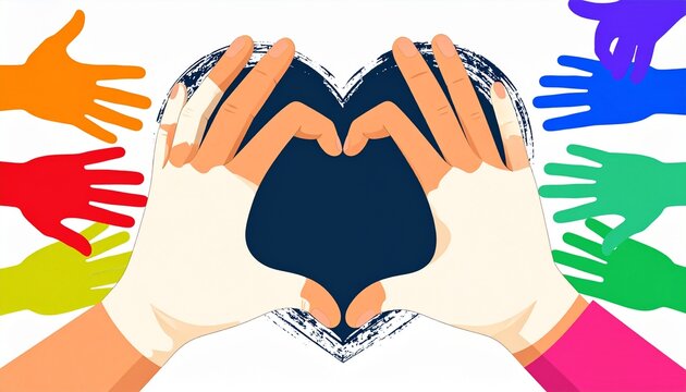Colorful hands holding a blue heart symbol of unity.