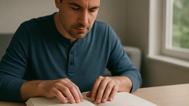 Close-up video of man reading Braille book with fingers, tactile reading and accessibility education concept  