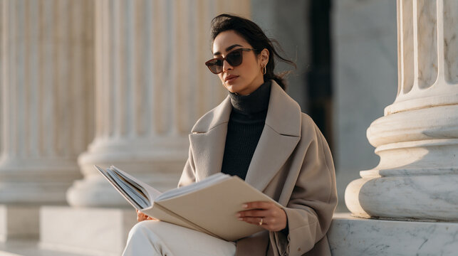 Determined Iranian policy advocate in a structured coat reviews a thick briefing binder on a marble bench outside a government rotunda, advocacy group t-shirts visible on