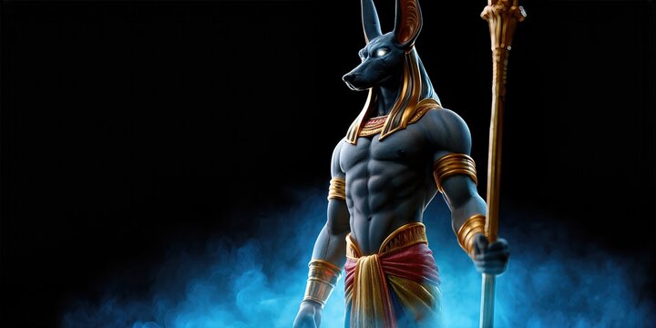 Anubis Egyptian God Of Afterlife And Mummification With Staff, Ancient Mythology, Spiritual Guardian, Underworld Deity