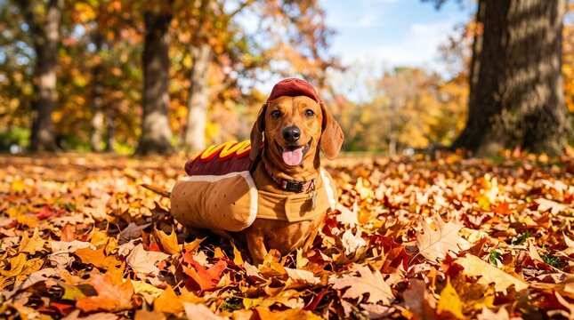 A happy dachshund wearing a funny hot dog costume standing in a park filled with vibrant orange and yellow autumn leaves on a sunny fall day.