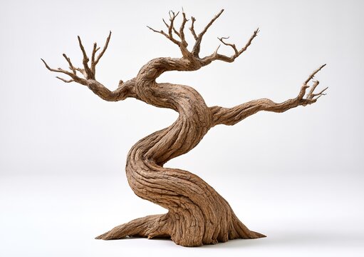 Resilience And Longevity Concept, Twisted Bare Tree Trunk And Branches On White Background Endurance And Growth