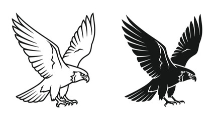 Fototapeta premium Falcon or hawk bird in flight, vector illustration of a predatory bird landing with wings spread, mascot logo design element