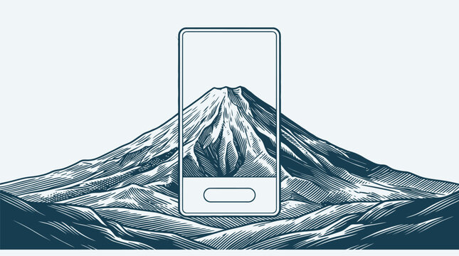 Mountain landscape on smartphone frame vector illustration.