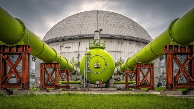 Industrial Biogas Plant with Green Pipelines and Anaerobic Digester for Renewable Energy Production