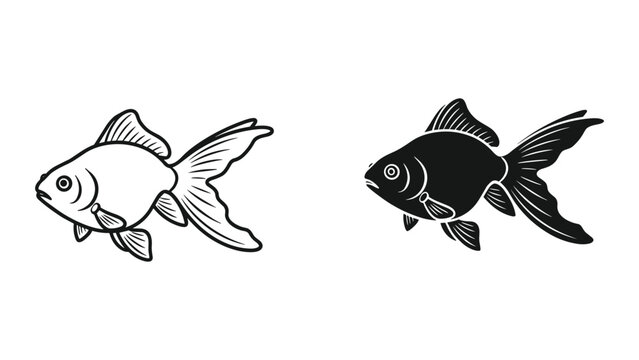 Set of goldfish icons, outline and silhouette style vector illustration of a fish isolated on white background