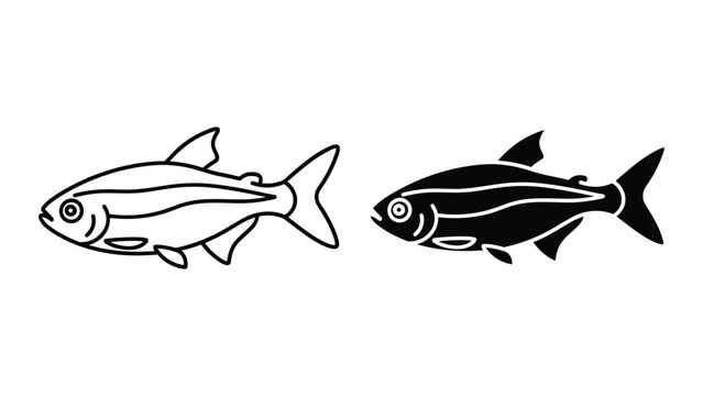 Set of neon tetra fish icons, vector illustration of a small freshwater fish in outline and silhouette style isolated on white background