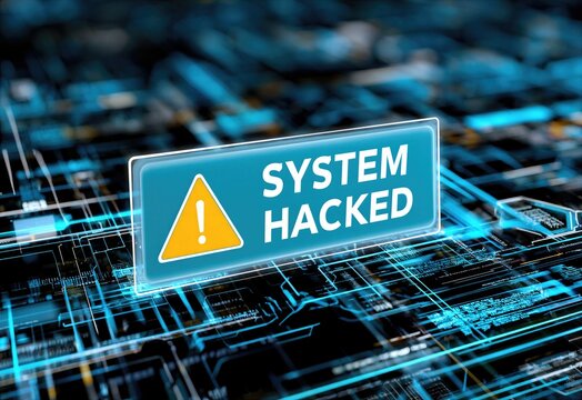 Cybersecurity Breach Alert: System Hacked Warning Sign On Digital Circuit Board Background, Data Security Threat And Cyberattack