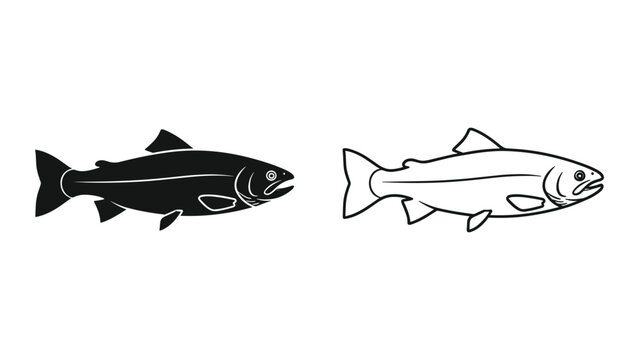 Set of trout fish icons, silhouette and outline style, vector illustration