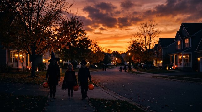 Three children in Halloween costumes walking down a suburban street at dusk with a beautiful orange and purple sunset sky in the background during trick-or-treating