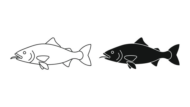 Fish outline and silhouette vector icon set linear and solid black fish symbols for logo, web design, or fishing infographics
