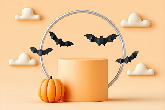 Halloween Holiday Celebration Background With Pumpkin, Bats, And Podium For Product Display