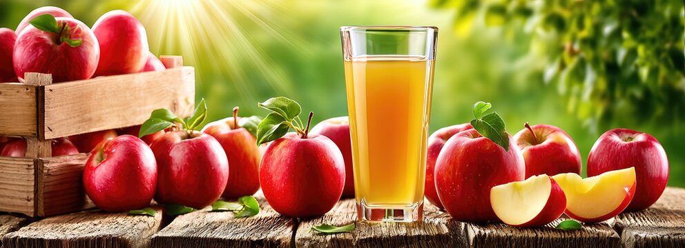 Fresh Apple Juice And Red Apples On Rustic Wooden Table, Healthy Lifestyle And Natural Nutrition