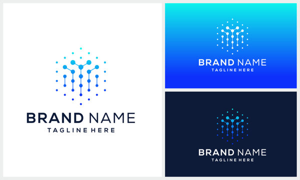 Initial letter M hexagon cube box with digital data network or biotechnology for technology logo design 