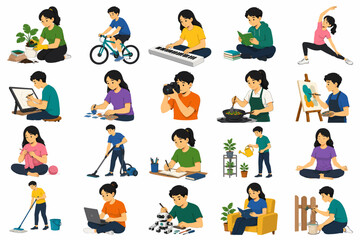 Fototapeta premium Vector illustrations of diverse people engaged in different creative hobbies, daily chores, and indoor activities