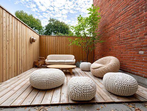 Outdoor Patio Relaxation Space With Modern Bohemian Furniture, Wooden Decking, And Brick Wall For Urban Living