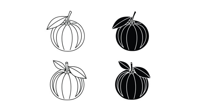 Set of citrus fruits, oranges or mandarins with leaves, outline and silhouette icons, vector illustration isolated on white background