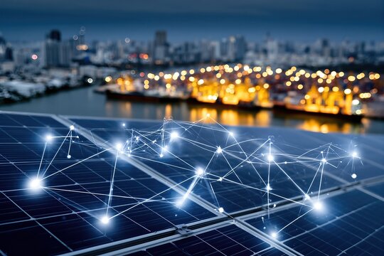 Sustainable Energy Network With Solar Panels And Smart Grid Technology Overlooking A Modern City Port At Dusk